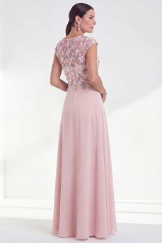 Pink Round Neck A Line Floral Cap Sleeves Long Mother of the Bride Dress