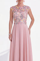 Load image into Gallery viewer, Pink Round Neck A Line Floral Cap Sleeves Long Mother of the Bride Dress