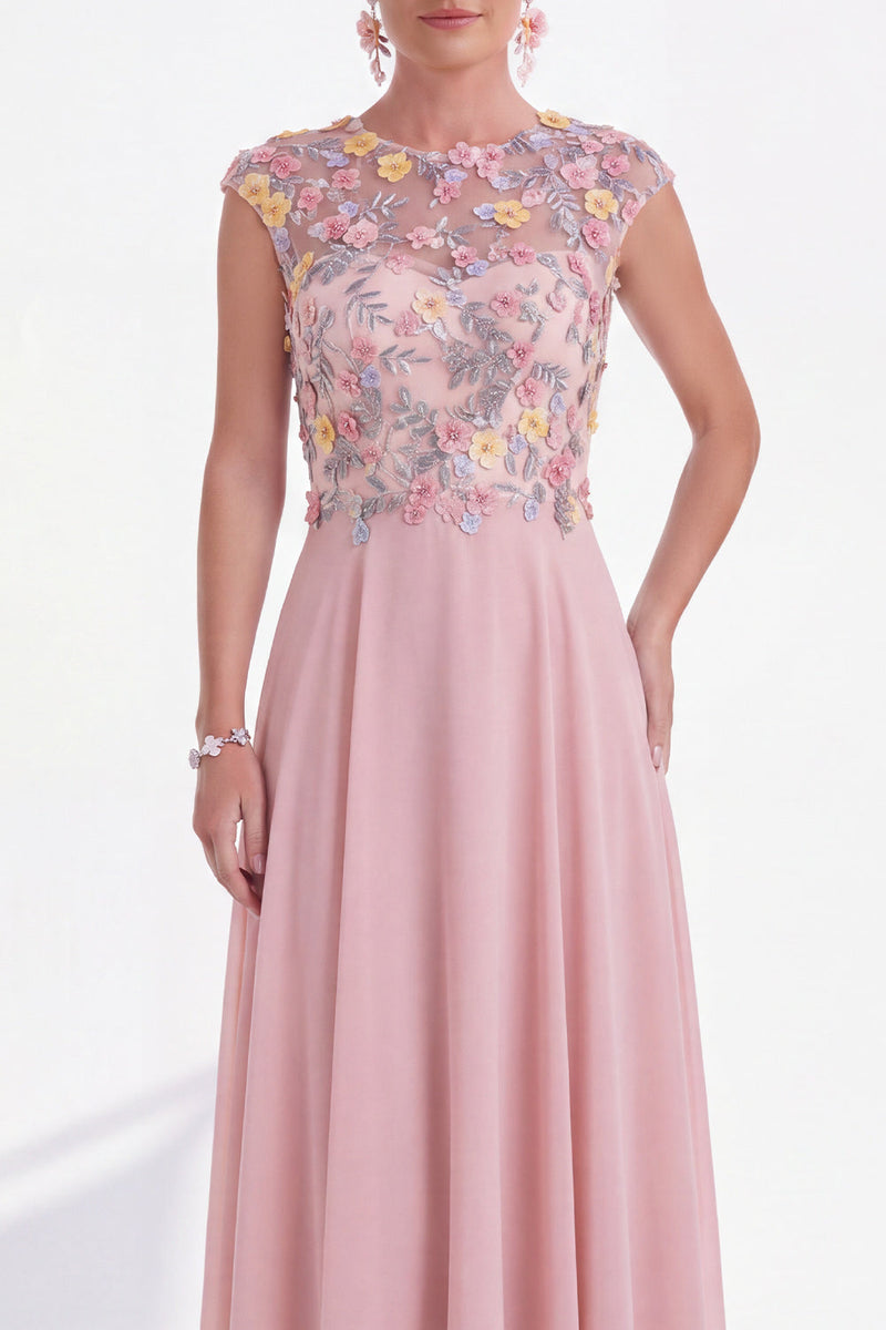 Load image into Gallery viewer, Pink Round Neck A Line Floral Cap Sleeves Long Mother of the Bride Dress