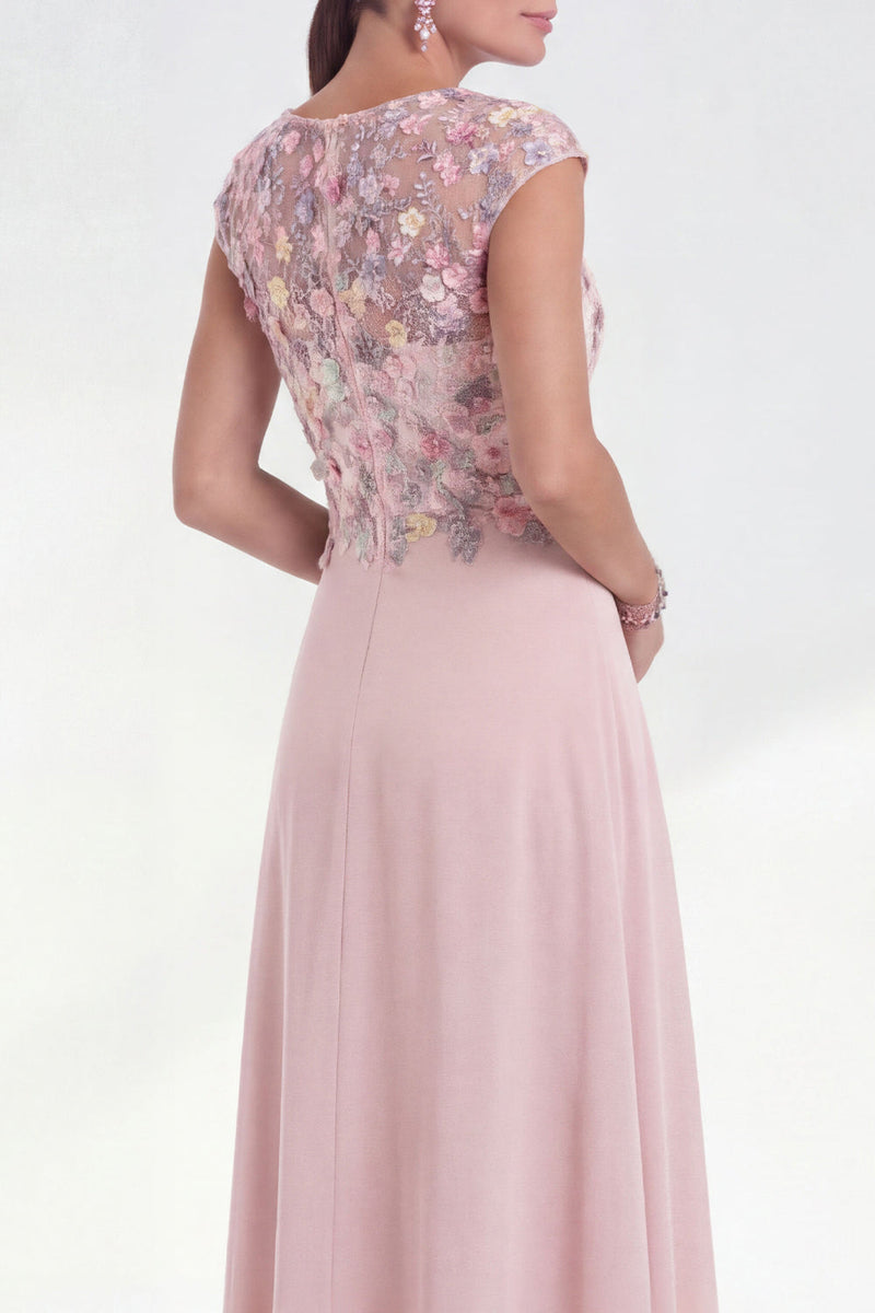 Load image into Gallery viewer, Pink Round Neck A Line Floral Cap Sleeves Long Mother of the Bride Dress