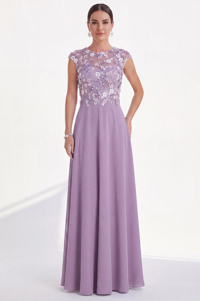 Load image into Gallery viewer, Pink Round Neck A Line Floral Cap Sleeves Long Mother of the Bride Dress
