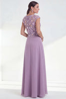 Load image into Gallery viewer, Pink Round Neck A Line Floral Cap Sleeves Long Mother of the Bride Dress