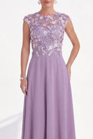 Load image into Gallery viewer, Pink Round Neck A Line Floral Cap Sleeves Long Mother of the Bride Dress