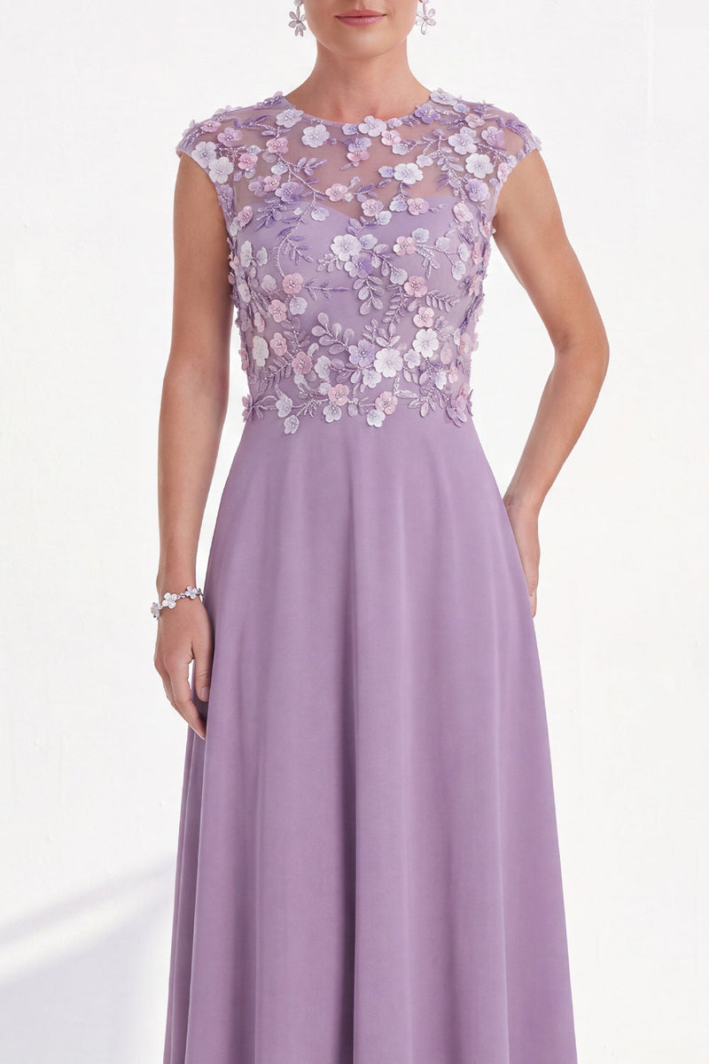Load image into Gallery viewer, Pink Round Neck A Line Floral Cap Sleeves Long Mother of the Bride Dress