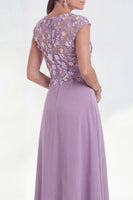 Load image into Gallery viewer, Pink Round Neck A Line Floral Cap Sleeves Long Mother of the Bride Dress
