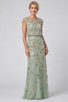 Load image into Gallery viewer, Sparkly Green Boat Neck Sheath Beaded Long Mother of the Bride Dress