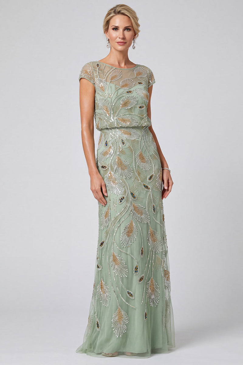 Load image into Gallery viewer, Sparkly Green Boat Neck Sheath Beaded Long Mother of the Bride Dress