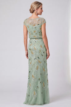 Sparkly Green Boat Neck Sheath Beaded Long Mother of the Bride Dress