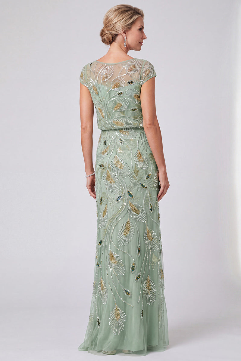 Load image into Gallery viewer, Sparkly Green Boat Neck Sheath Beaded Long Mother of the Bride Dress