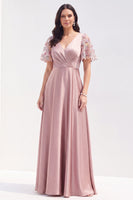 Load image into Gallery viewer, Grey Pink V-Neck Satin A Line Ruched Long Mother of the Bride Dress with Sleeves