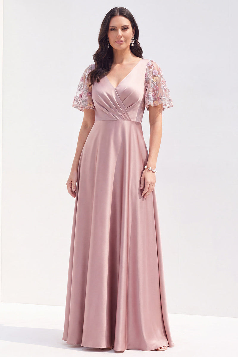 Load image into Gallery viewer, Grey Pink V-Neck Satin A Line Ruched Long Mother of the Bride Dress with Sleeves