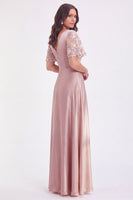 Load image into Gallery viewer, Grey Pink V-Neck Satin A Line Ruched Long Mother of the Bride Dress with Sleeves