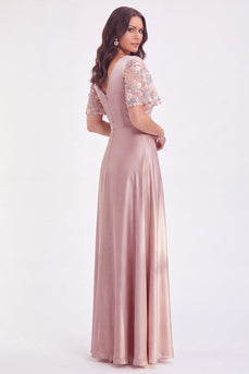 Grey Pink V-Neck Satin A Line Ruched Long Mother of the Bride Dress with Sleeves