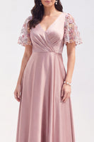 Load image into Gallery viewer, Grey Pink V-Neck Satin A Line Ruched Long Mother of the Bride Dress with Sleeves
