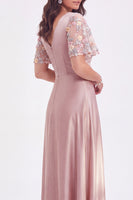 Load image into Gallery viewer, Grey Pink V-Neck Satin A Line Ruched Long Mother of the Bride Dress with Sleeves
