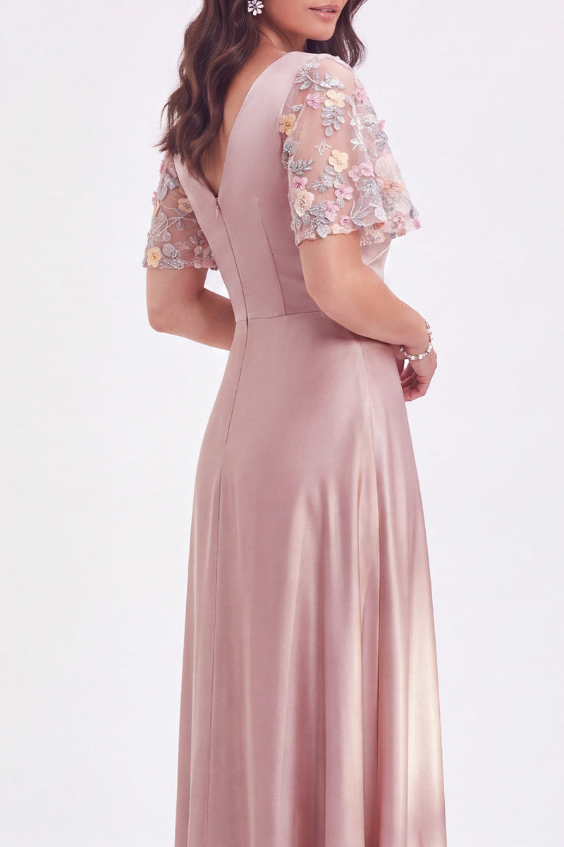Load image into Gallery viewer, Grey Pink V-Neck Satin A Line Ruched Long Mother of the Bride Dress with Sleeves