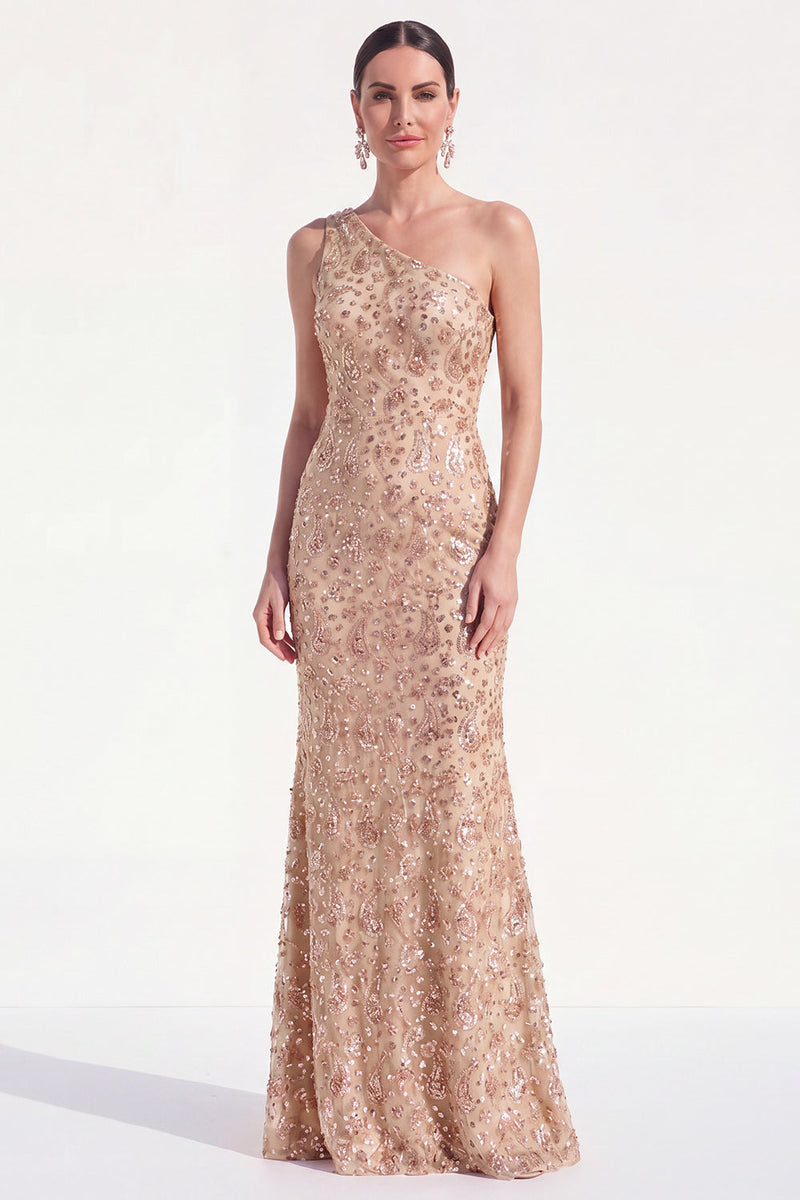 Load image into Gallery viewer, Sparkly Dusty Rose One Shoulder Mermaid Sequins Maxi Mother of the Bride Dress