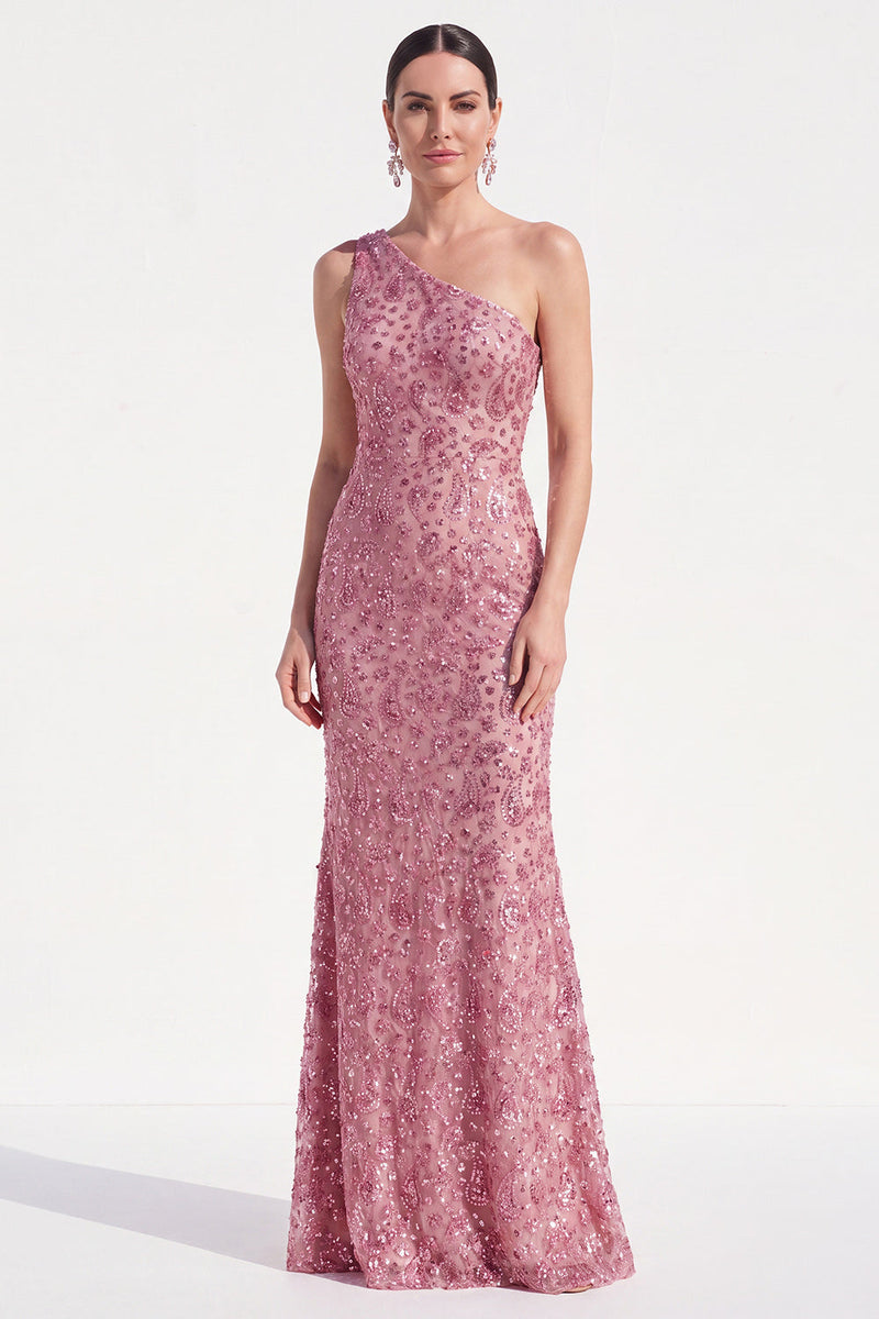 Load image into Gallery viewer, Sparkly Dusty Rose One Shoulder Mermaid Sequins Maxi Mother of the Bride Dress