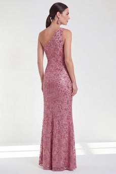 Sparkly Dusty Rose One Shoulder Mermaid Sequins Maxi Mother of the Bride Dress