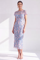 Load image into Gallery viewer, Dusty Sage Round Neck Floral Midi Mother of the Bride Dress with Sleeves