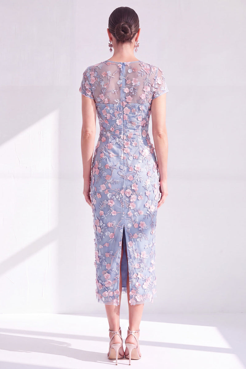 Load image into Gallery viewer, Dusty Sage Round Neck Floral Midi Mother of the Bride Dress with Sleeves