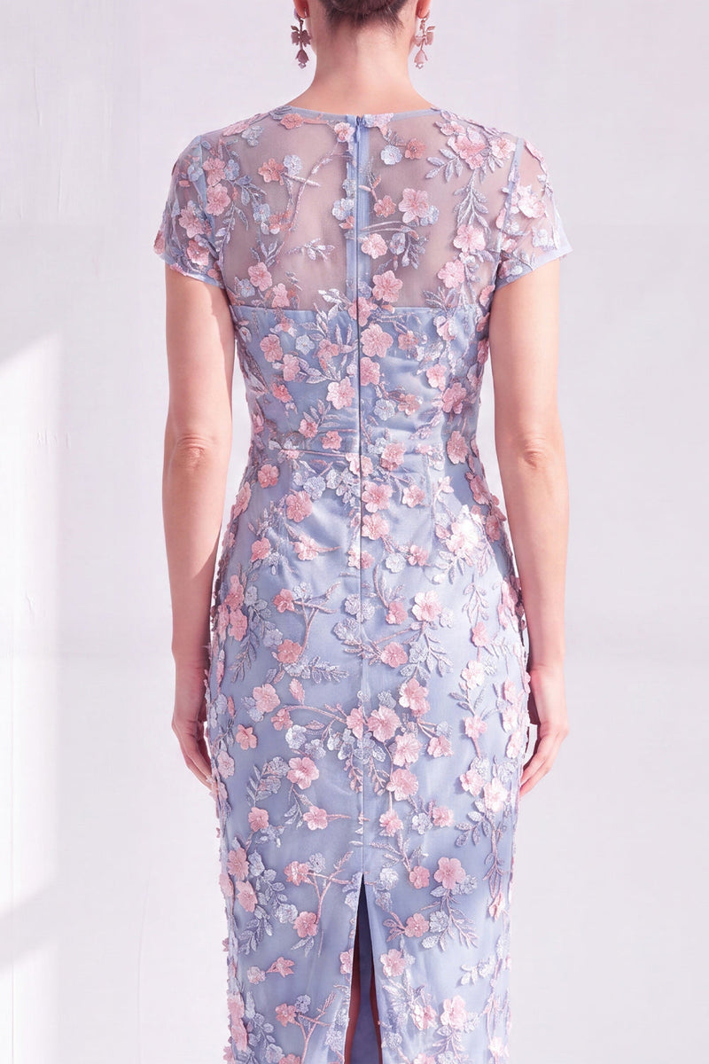 Load image into Gallery viewer, Dusty Sage Round Neck Floral Midi Mother of the Bride Dress with Sleeves