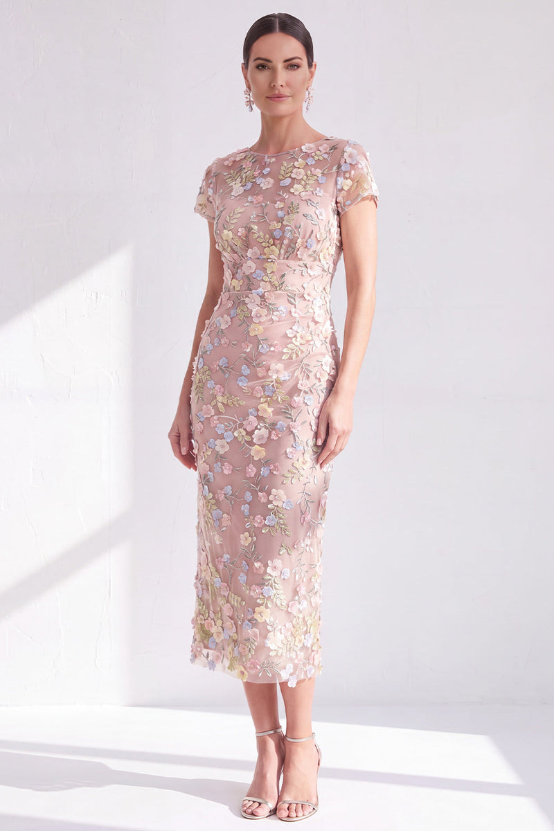 Load image into Gallery viewer, Dusty Sage Round Neck Floral Midi Mother of the Bride Dress with Sleeves