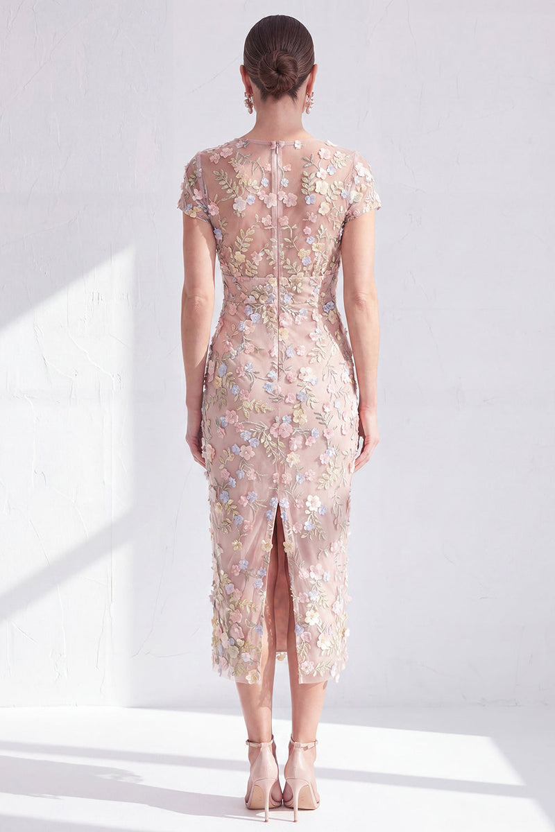 Load image into Gallery viewer, Dusty Sage Round Neck Floral Midi Mother of the Bride Dress with Sleeves