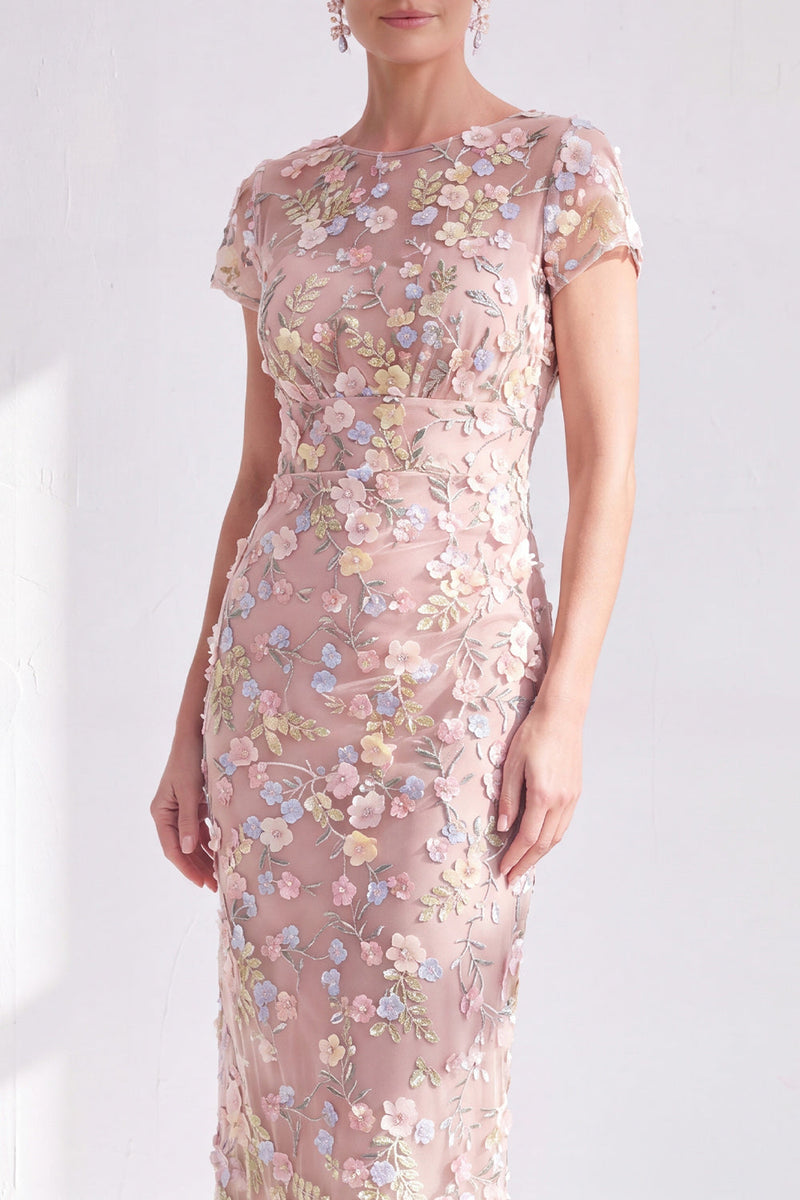 Load image into Gallery viewer, Dusty Sage Round Neck Floral Midi Mother of the Bride Dress with Sleeves