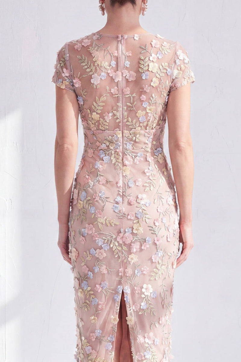 Load image into Gallery viewer, Dusty Sage Round Neck Floral Midi Mother of the Bride Dress with Sleeves