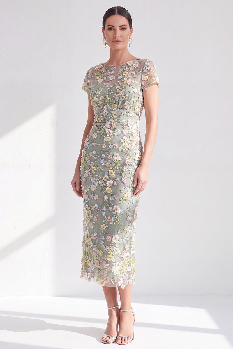 Load image into Gallery viewer, Dusty Sage Round Neck Floral Midi Mother of the Bride Dress with Sleeves