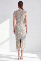 Load image into Gallery viewer, Dusty Sage Round Neck Floral Midi Mother of the Bride Dress with Sleeves