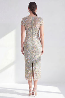 Dusty Sage Round Neck Floral Midi Mother of the Bride Dress with Sleeves