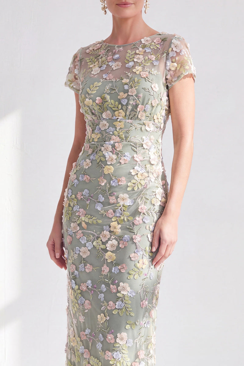 Load image into Gallery viewer, Dusty Sage Round Neck Floral Midi Mother of the Bride Dress with Sleeves