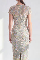 Load image into Gallery viewer, Dusty Sage Round Neck Floral Midi Mother of the Bride Dress with Sleeves