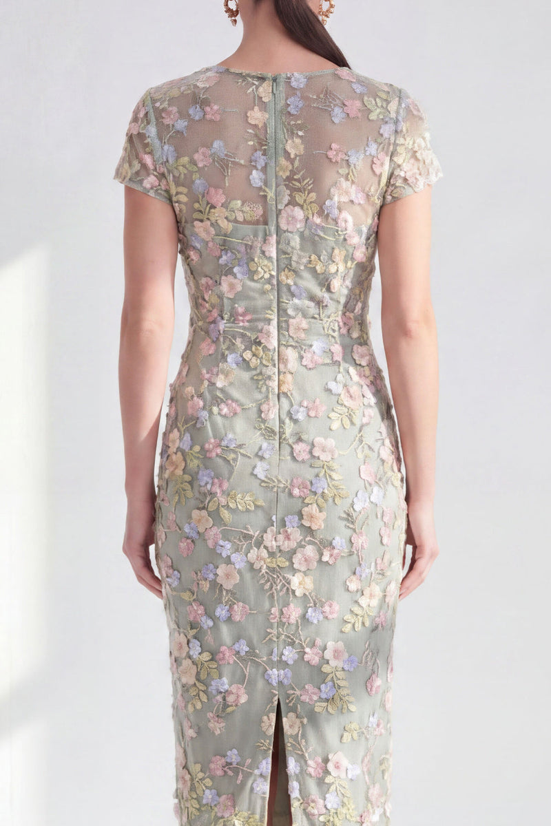Load image into Gallery viewer, Dusty Sage Round Neck Floral Midi Mother of the Bride Dress with Sleeves