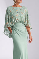 Load image into Gallery viewer, Sparkly Green Boat Neck Mermaid Beaded Long Mother of the Bride Dress with Cape