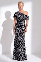 Load image into Gallery viewer, Black Floral Mermaid Asymmertrical Neck Long Mother of the Bride Dress