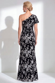 Black Floral Mermaid Asymmertrical Neck Long Mother of the Bride Dress