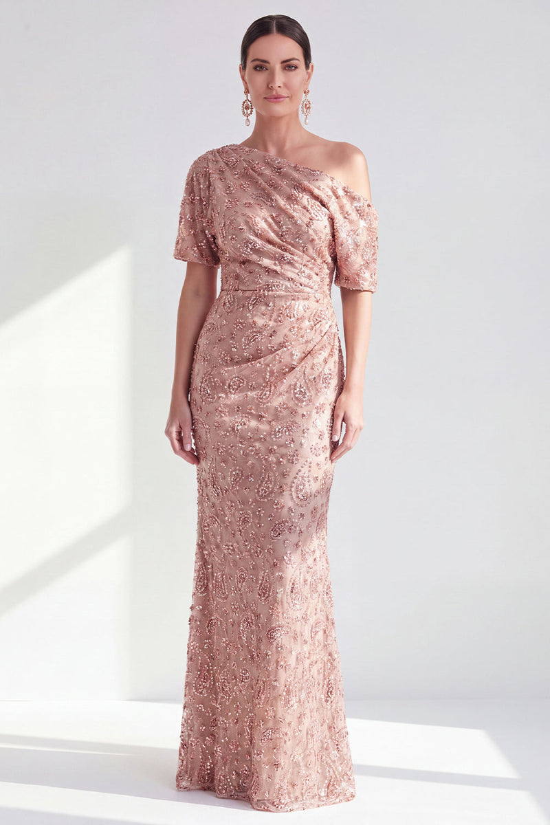Load image into Gallery viewer, Champagne Sparkly Mermaid One Shoulder Beaded Long Mother of the Bride Dress