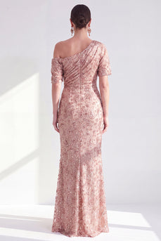 Champagne Sparkly Mermaid One Shoulder Beaded Long Mother of the Bride Dress