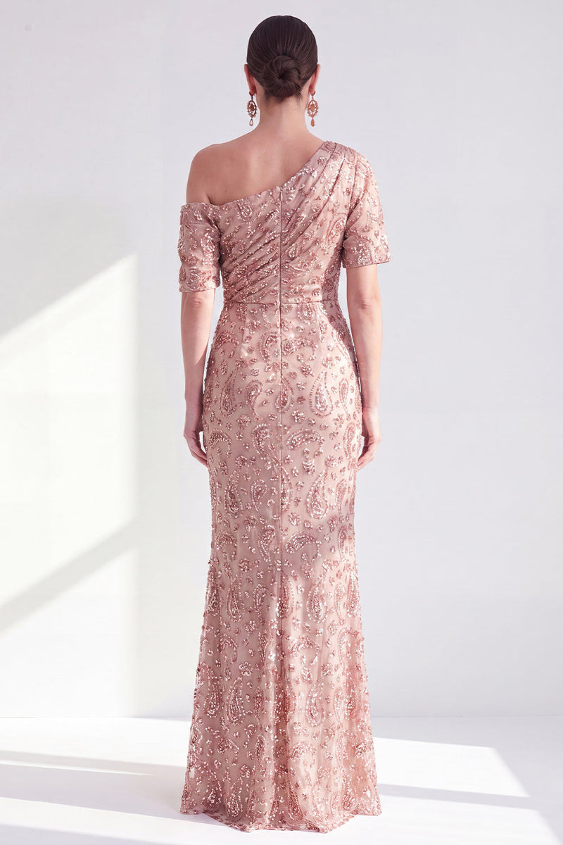 Load image into Gallery viewer, Champagne Sparkly Mermaid One Shoulder Beaded Long Mother of the Bride Dress