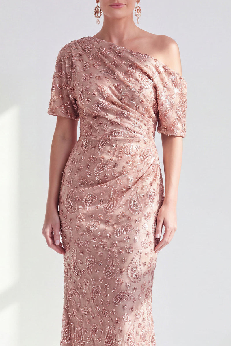 Load image into Gallery viewer, Champagne Sparkly Mermaid One Shoulder Beaded Long Mother of the Bride Dress