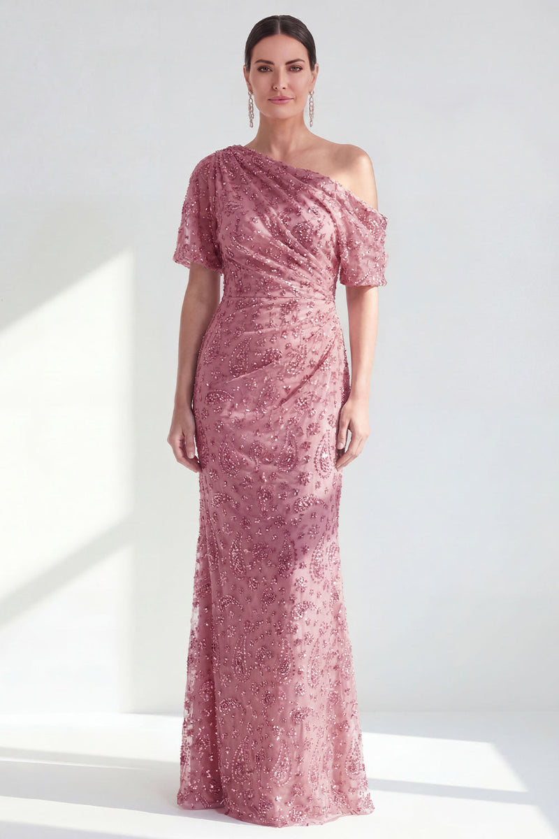 Load image into Gallery viewer, Champagne Sparkly Mermaid One Shoulder Beaded Long Mother of the Bride Dress