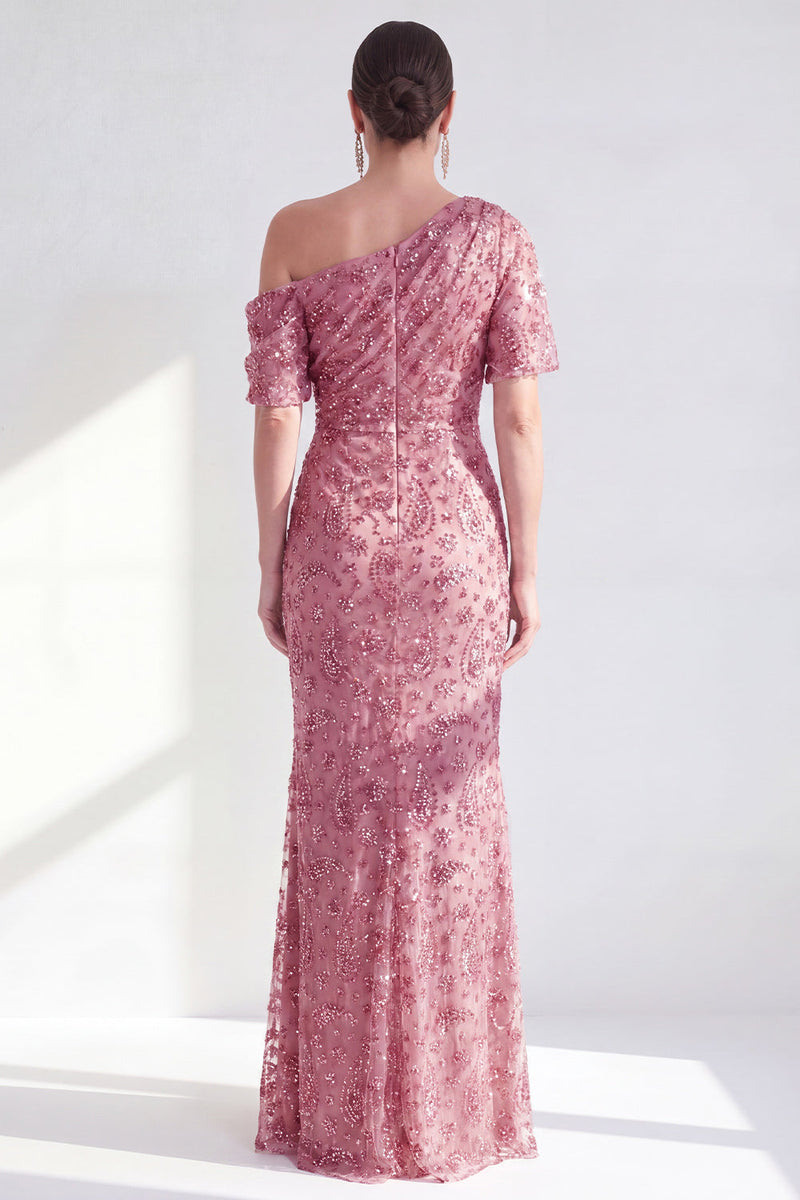 Load image into Gallery viewer, Champagne Sparkly Mermaid One Shoulder Beaded Long Mother of the Bride Dress