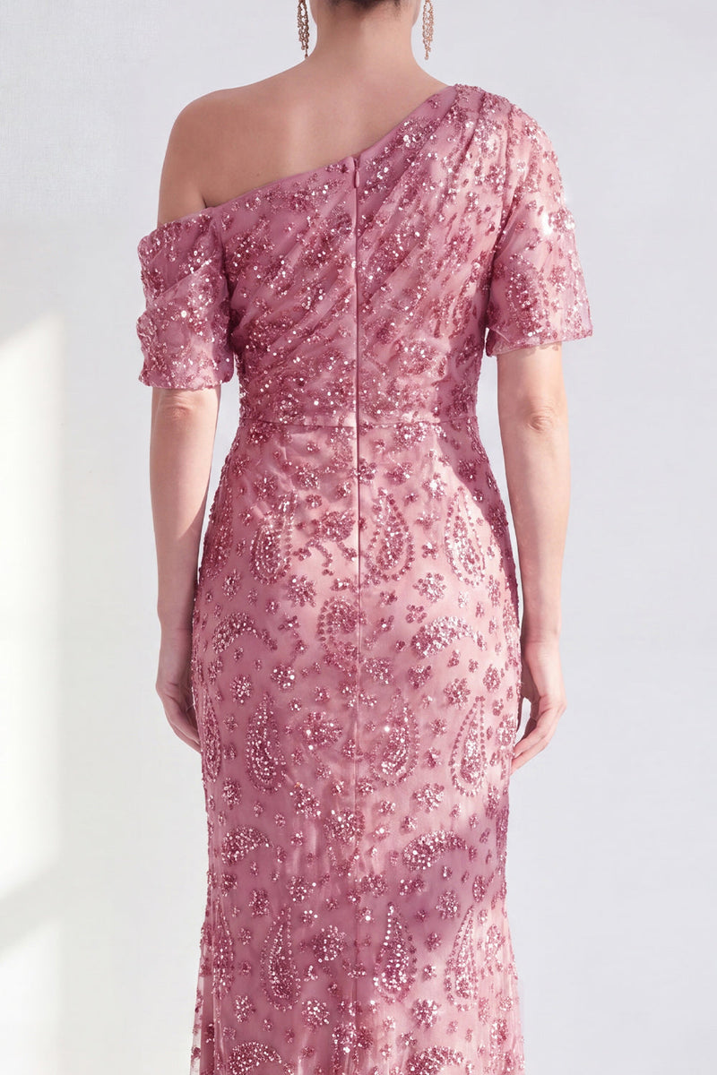 Load image into Gallery viewer, Champagne Sparkly Mermaid One Shoulder Beaded Long Mother of the Bride Dress