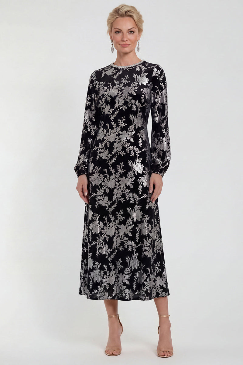 Load image into Gallery viewer, Dark Purple Floral A Line Round Neck Midi Mother of the Bride Dress with Sleeves