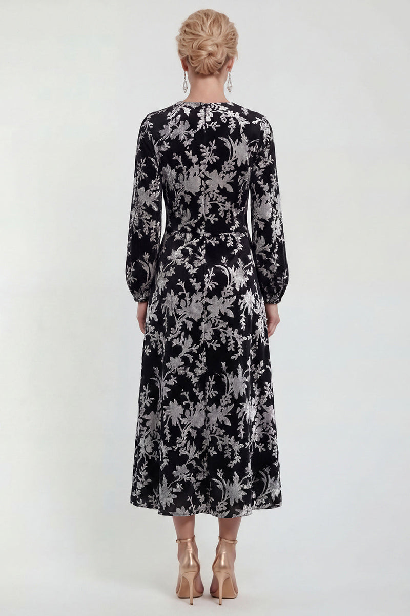Load image into Gallery viewer, Dark Purple Floral A Line Round Neck Midi Mother of the Bride Dress with Sleeves