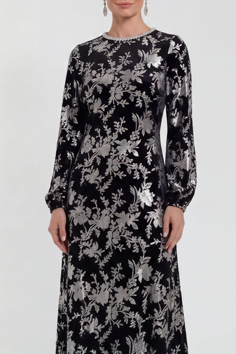 Load image into Gallery viewer, Dark Purple Floral A Line Round Neck Midi Mother of the Bride Dress with Sleeves