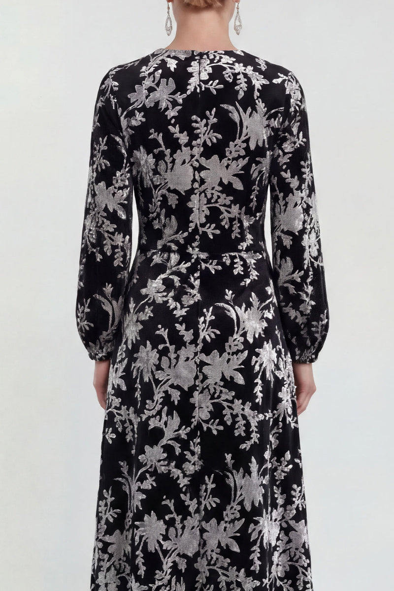 Load image into Gallery viewer, Dark Purple Floral A Line Round Neck Midi Mother of the Bride Dress with Sleeves